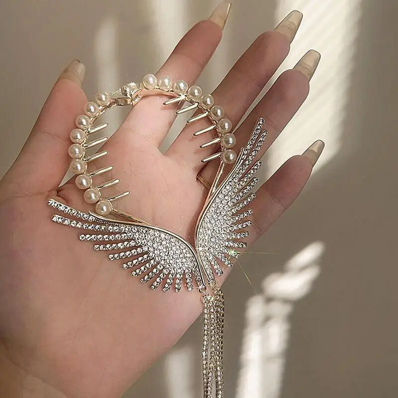 Angel Wings Hair Clip Imitation Pearl Rhinestone Tassel Chain Ponytail Buckle Hairpins Female Hair Card Accessories