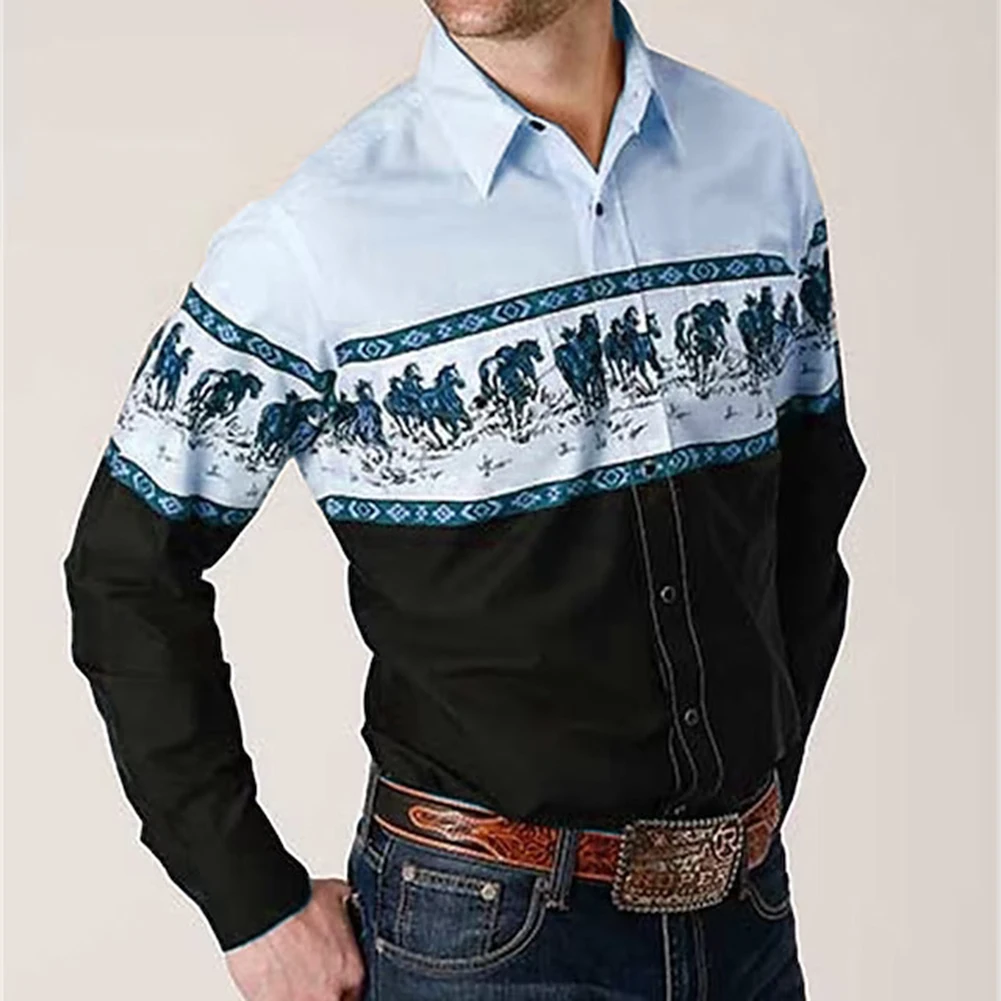 

Mens Western Lapel Long Sleeve Shirts Casual Slim Button Down Dress Shirt Outdoor Street Blouse Tops Folk Style Male Shirts