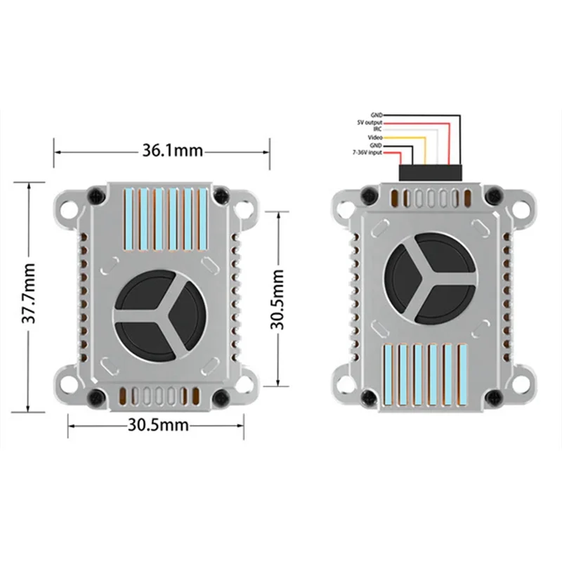 Vue latérale du B78B-3.3G 3W VTX montrant les ports d'entrée audio et vidéo et le bouton de sélection de canal.