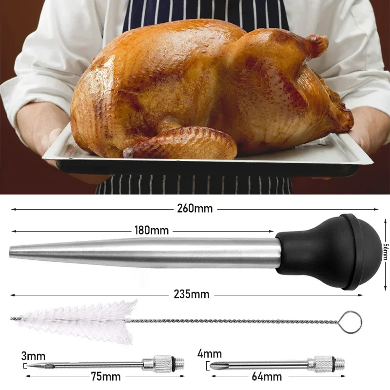 Cooking Kitchen Stainless steel Poultry BBQ Food Flavour Baster Syringe Tube Pump bbq sauce injector for Chicken Turkey Poultry Meat BBQ Food