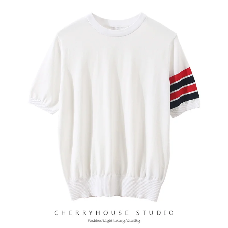 

TB four-bar slim-fit knitted sweater short-sleeved t-shirt European and American tide brand summer round neck thin ice silk top