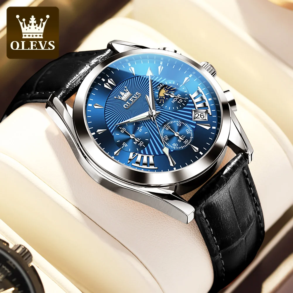 OLEVS Multifunctional Mens Watches Top Brand Luxury Leather Waterproof Sports Chronograph Quartz Watch Men Relogio Masculino