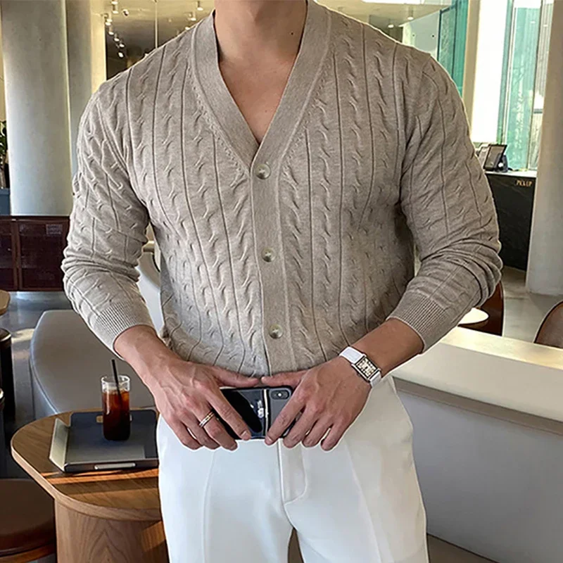

Vintage Knitwear Mens Slim Long-sleeved Button V Neck Shirt For Men Spring Fashion Solid Color Knit Cardigan Men's Knitted Tops