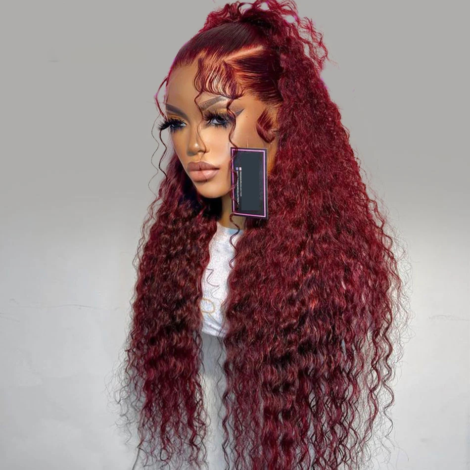 Lace Front Wig 26 Inch Long Preplucked 180%Density Glueless 99j Kinky Curly BabyHair Heat Temperature Daily Cosplay