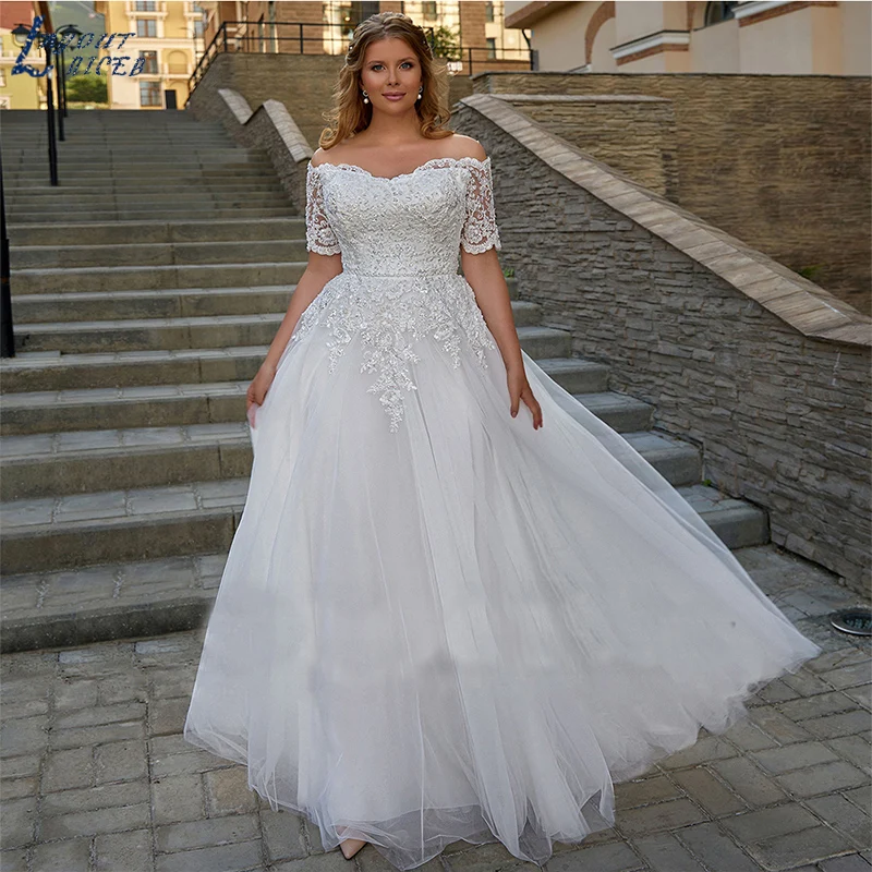 LAYOUT NICEB Elegant Boho Wedding Dresses For Woman Short Sleeves Off Shoulder Lace Applique Bride Gowns Boat Neck Plus Size wedding dresses