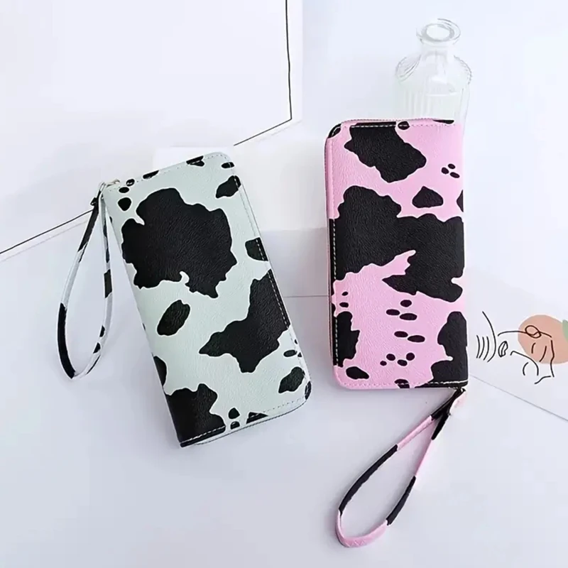 

Cute Cow Pattern Leather Wallet Women's Zipper Purse Card Holder Bag Long Wristband Clutch Wallet Bag Large Capacity