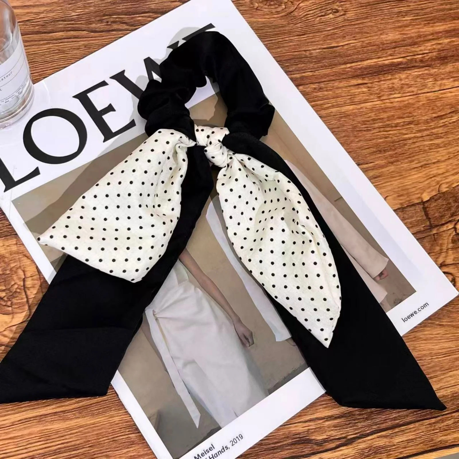 1PC Polka Dot Bow Scrunchie, Black Satin Long Ribbon Hair Tie, Korean Drama Style Hair Accessory, Trendy Ponytail Holder