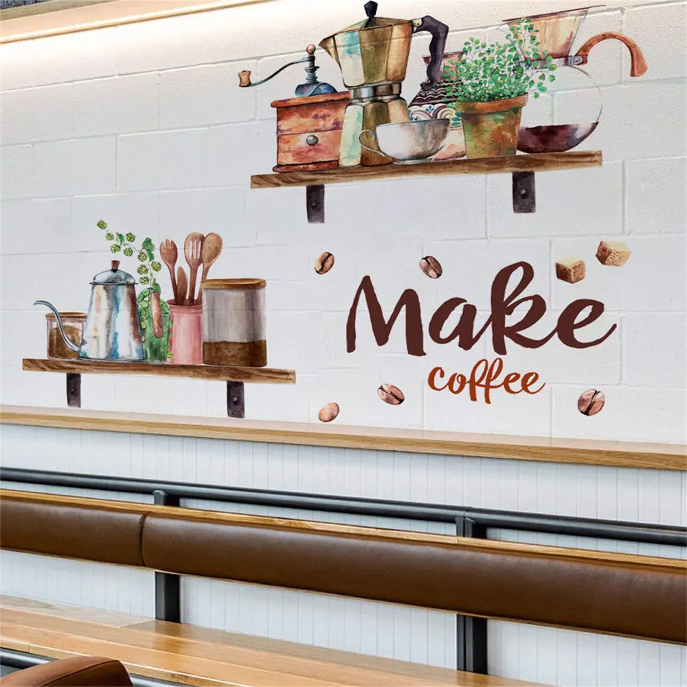 Make Coffee Coffee Utensils Wall Stickers Self-adhesive Waterproof Cafe Mug Bar Shop Wall Decal Dinning Room Decor