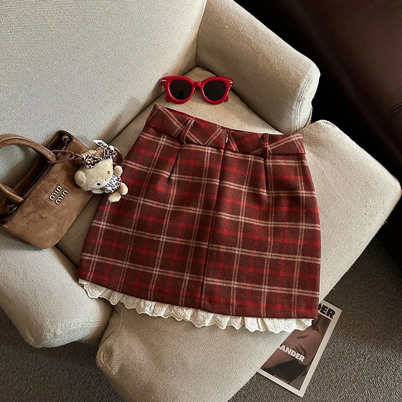 Lace Patchwork Plaid Mini Skirts Women Fall Winter High Waist No Belt Faux Wool Skirts Y2K Fashion Preppy All Match A Line Skirt