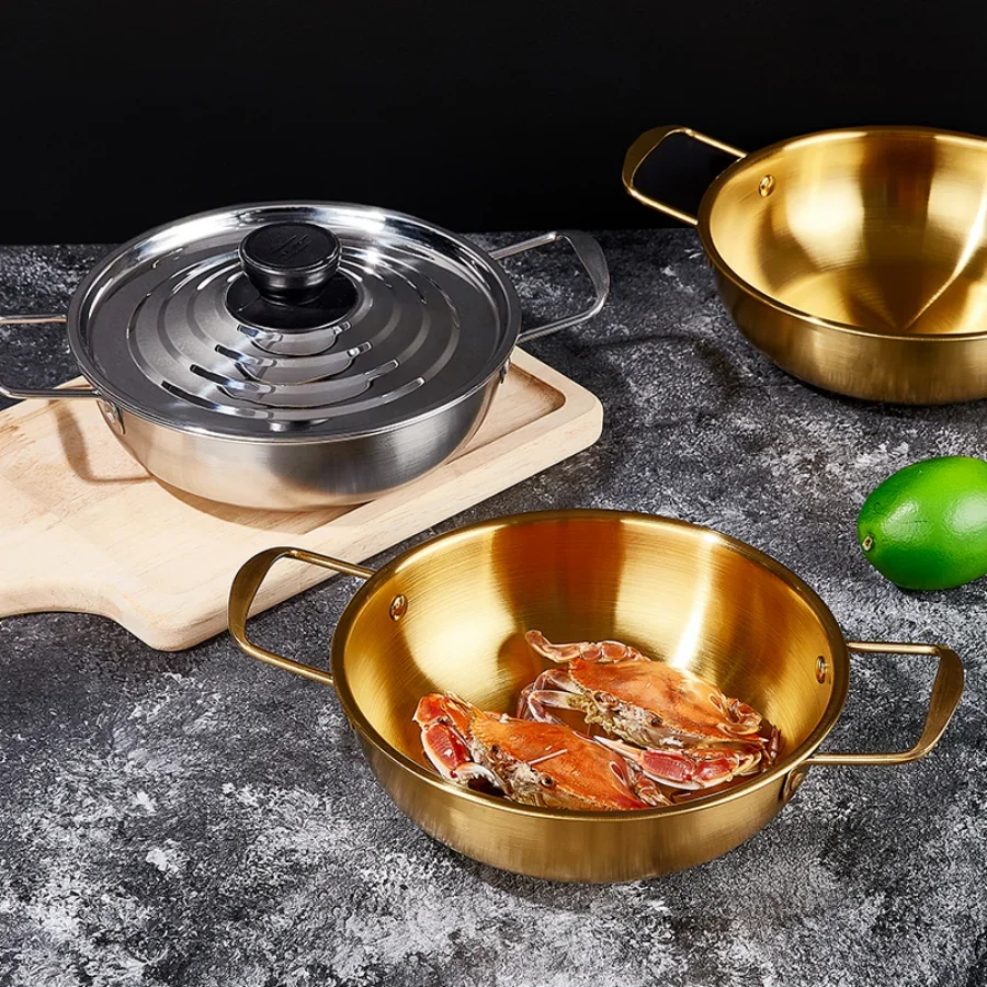 Korean style spiral covered soup pot, stainless steel instant noodle pot, golden hot double ear small pot soup pot milk