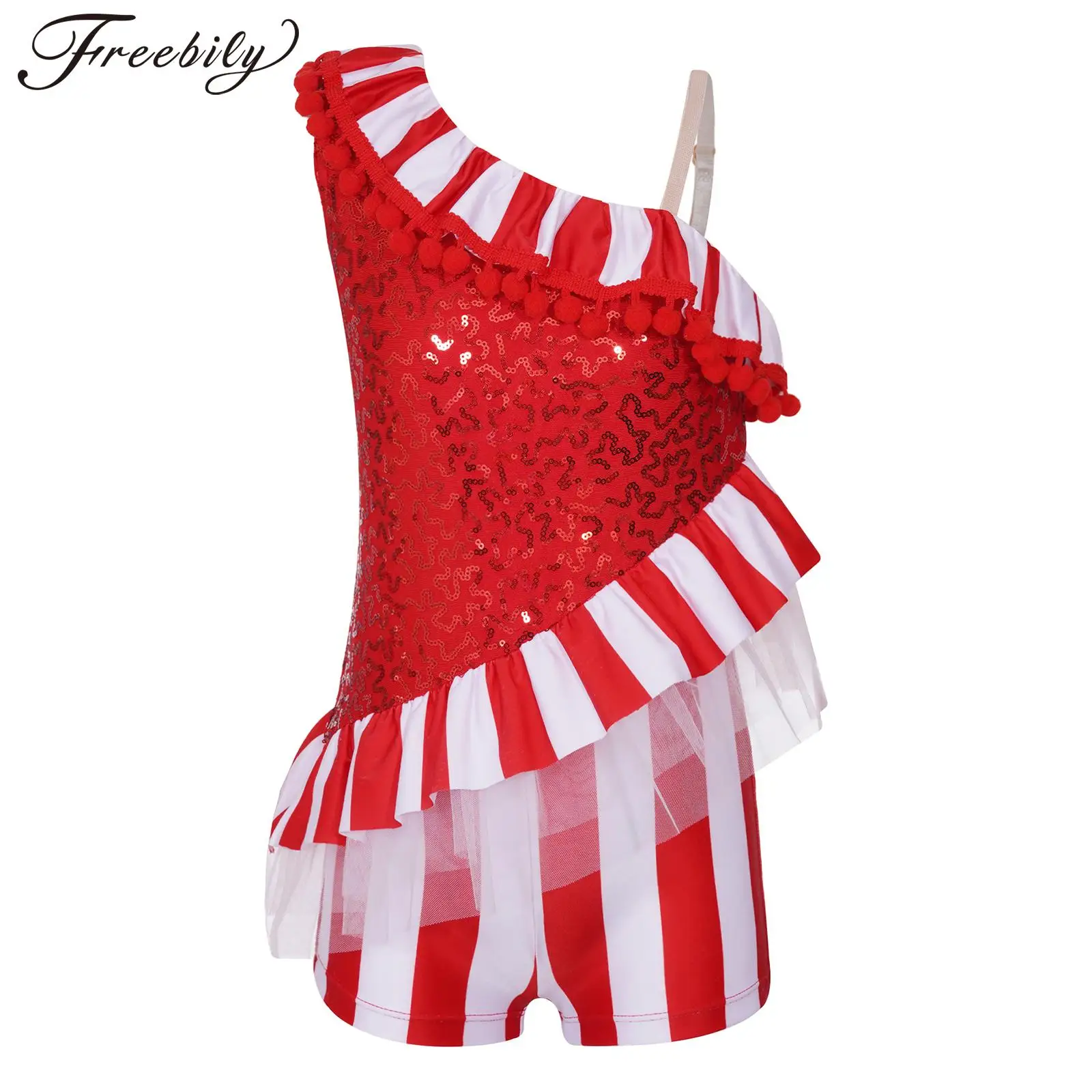Kid Girls Candy Cane Striped Christmas Costume Xmas Party Holiday Santa Sweetie Ballet Dance Ginnastica Body Unitard Dancewear