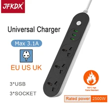 

JFKDX Power Strip EU/US/UK Plug 2M Cable Extension Network filter Power Adaptor 3 USB Port 3.1A Fast Charger Surge Protector