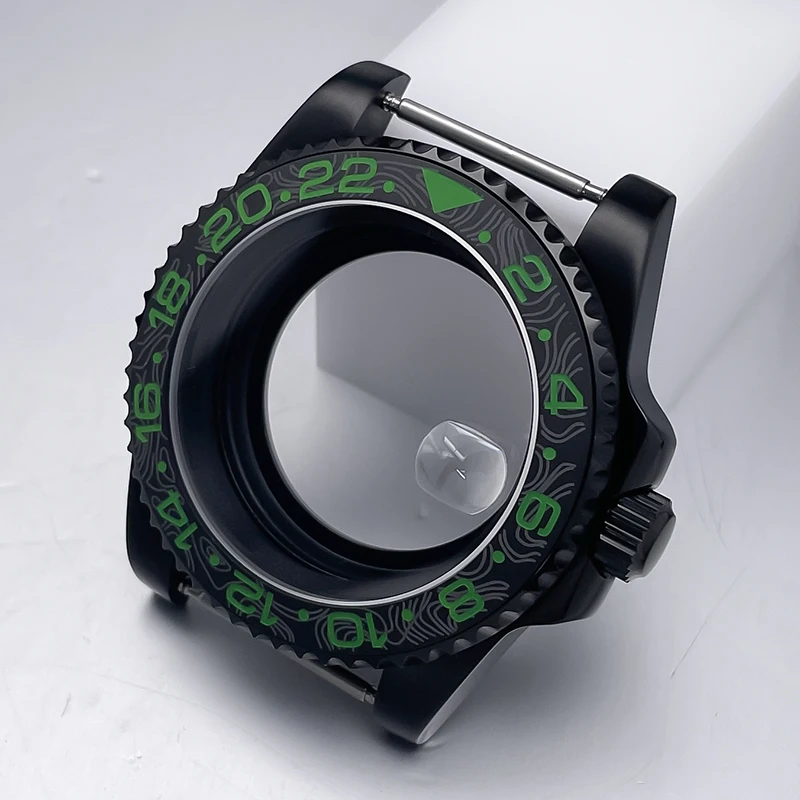 All-Black Sub Style Watch Case with Rubber Strap and Sapphire Crystal