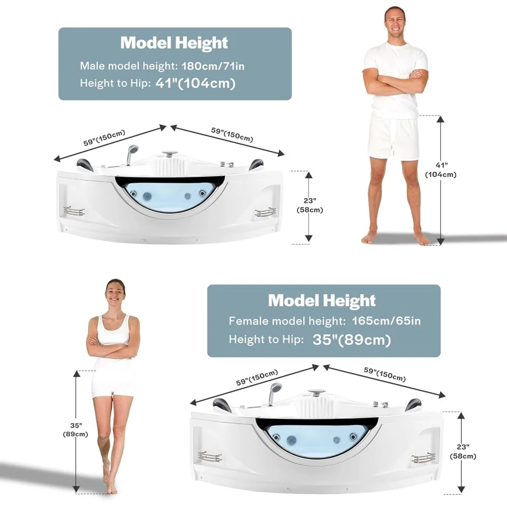 59" Corner Whirlpool Bathtub with Heater，Spa Hydromassage with Chromatherapy，2 Person Jetted Tub with Light，Acrylic，Bathtub 5