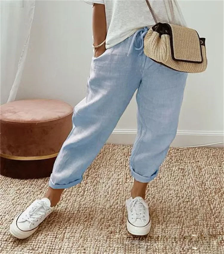 Cotton Linen Thin Drawstring Multi-element Printing Trousers Female Patchwork Pockets Mid Waist Loose Fitting Casual Pants