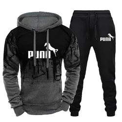 Men's Camouflage Gradient Hoodie Sets Fashion Tracksuit For Men Hoodie+Pants Elastic Sportswear Running Casual Letter Print Suit