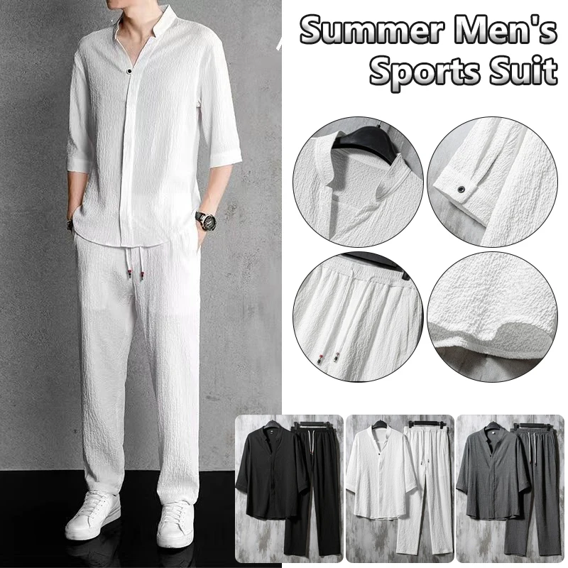 

2023 M-5Xl Summer Koera Style Men's Fashion Casual Solid Color T-Shirt Suit Men's High-Quality Cotton and Linen Two-Piece Set