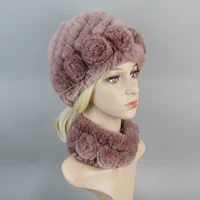 Hot Sale Women Warm Rex Rabbit Fur Hat Scarf Sets Winter Lady Knit Fur Hats Muffler 2 Pieces Natural Rex Rabbit Fur Cap Scarves 3