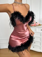 Nouvelle Robe de Nuit Sexy à Col en V avec Bordure en Plumes pour Femmes, Pyjama Élégant à la Mode, Jupe Courte Unie pour la Maison et les Soirées 4