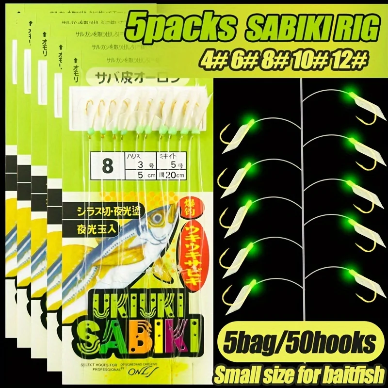 5 packs Sabiki TAKBAS avec hameçons inox et nylon - leurres luminescents pour maquereau et morue
