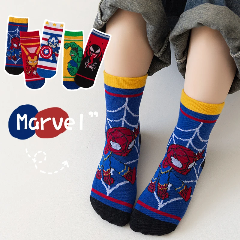 Cotton Middle Tube Cartoon Socks 5 Pairs Children Socks Spiderman Boy's Socks Spring Autumn Size 1-12 Year