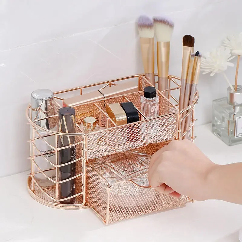 Exquisite Gold Rose Gold Mesh Pen Holder Decorative Iron Stationery Holder Multiple Compartments Desktop Organizer