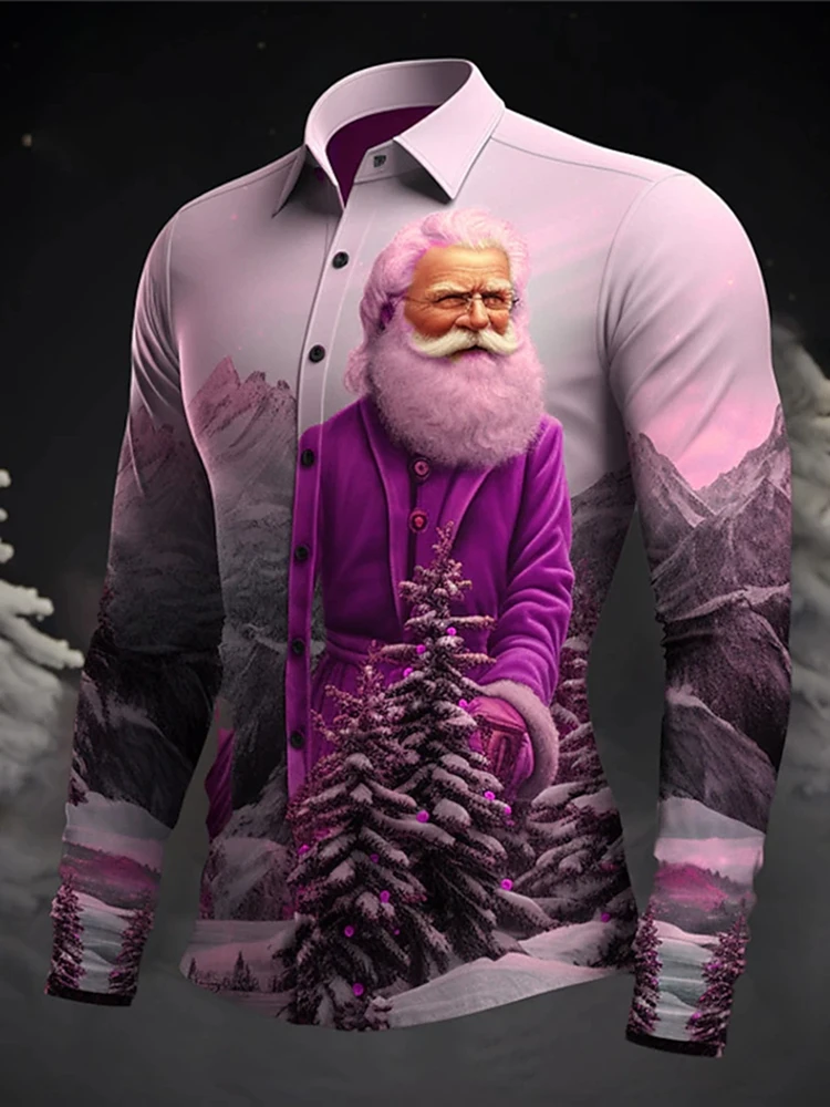 thumbnail image 1 of Camisa cómoda de manga larga con estampado de Papá Noel para uso diario, para salir, otoño e invierno, informal, para hombre, 1 of 5