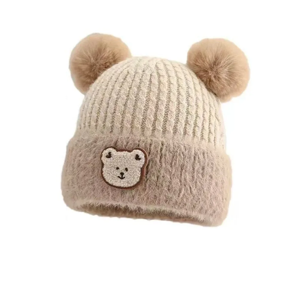 New Warm Knitted Hat Coldproof Windproof Pullover Cap Cute Bear Pompom Ear Protection Hat Outdoor Sports