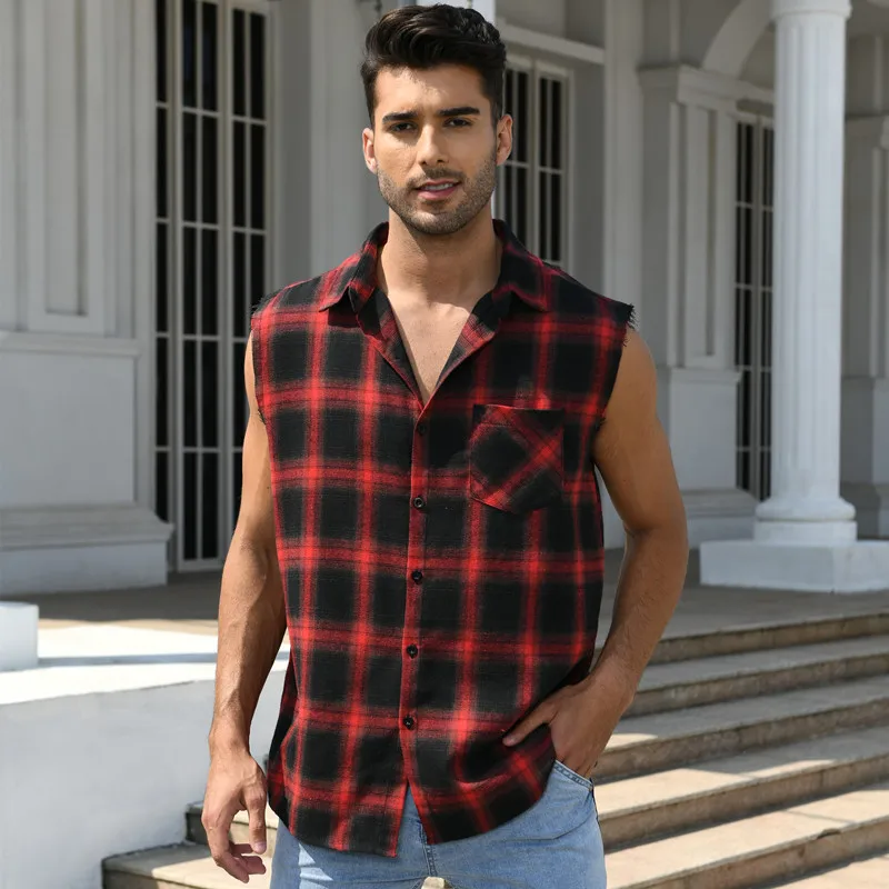 Men's Summer Fashion Casual Plaid Print Sleeveless T Shirt Vest