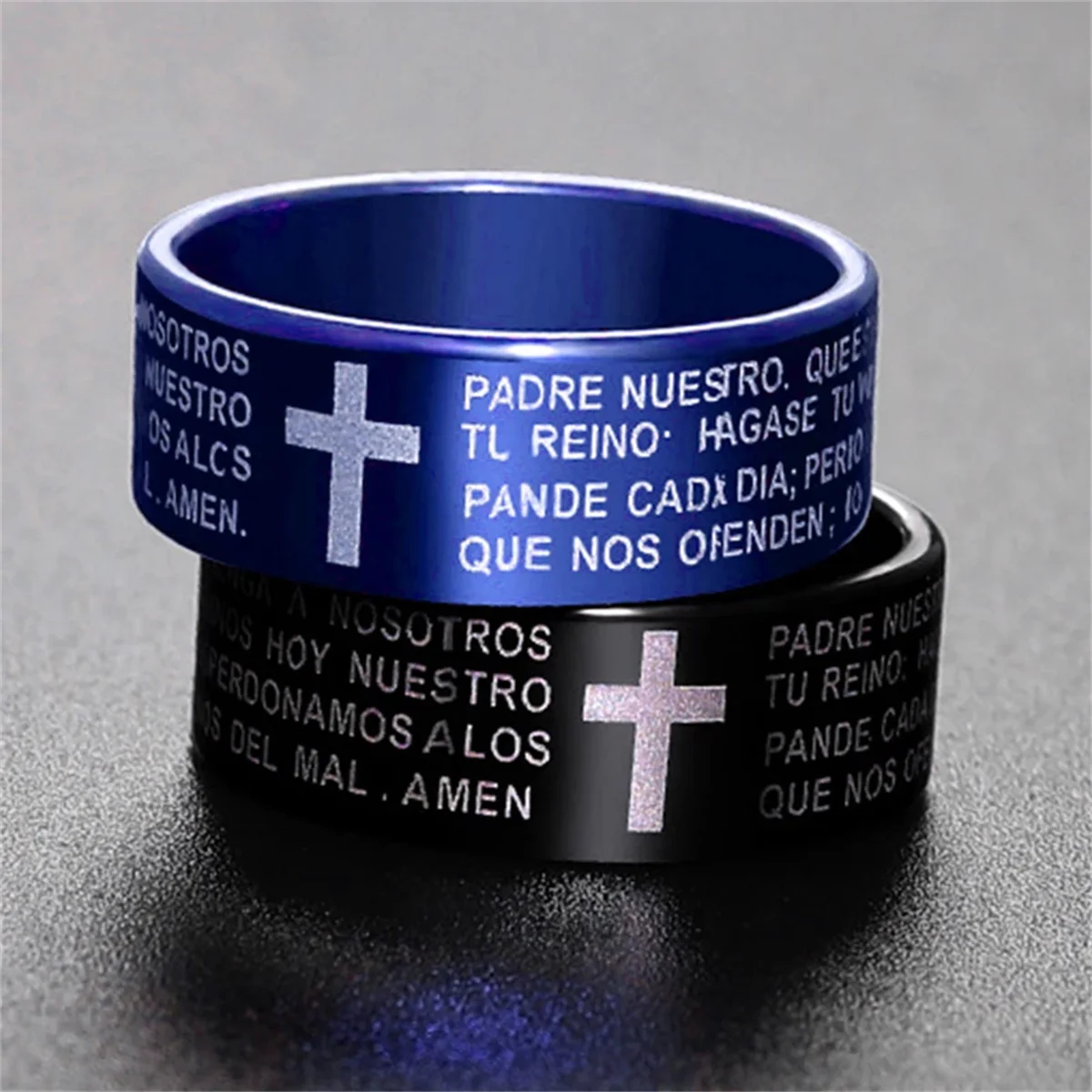Stainless Steel Ring Spanish Bible Prayer Jesus Cross Men Women Birthday Gifts