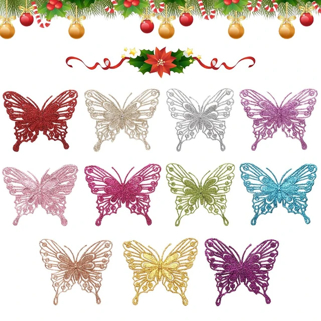 New Gold Powder Glitter New Year Decor Christmas Butterfly Fake Butterfly  Christmas Tree Decorations Home Xmas Ornaments CHAMPAGNE 