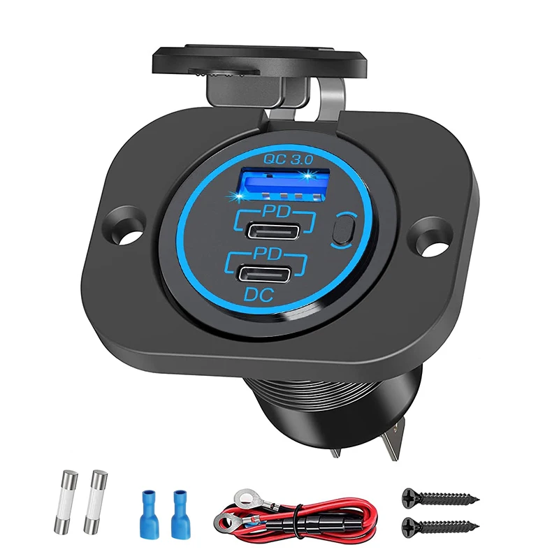 5 in 1 Caricabatteria da Auto USB C, Adattatore per Accendisigari da Auto con Voltmetro LED Porta Doppia USB QC3.0+ PD, per Android, iOS, Tablet, GPS, Dash Cam