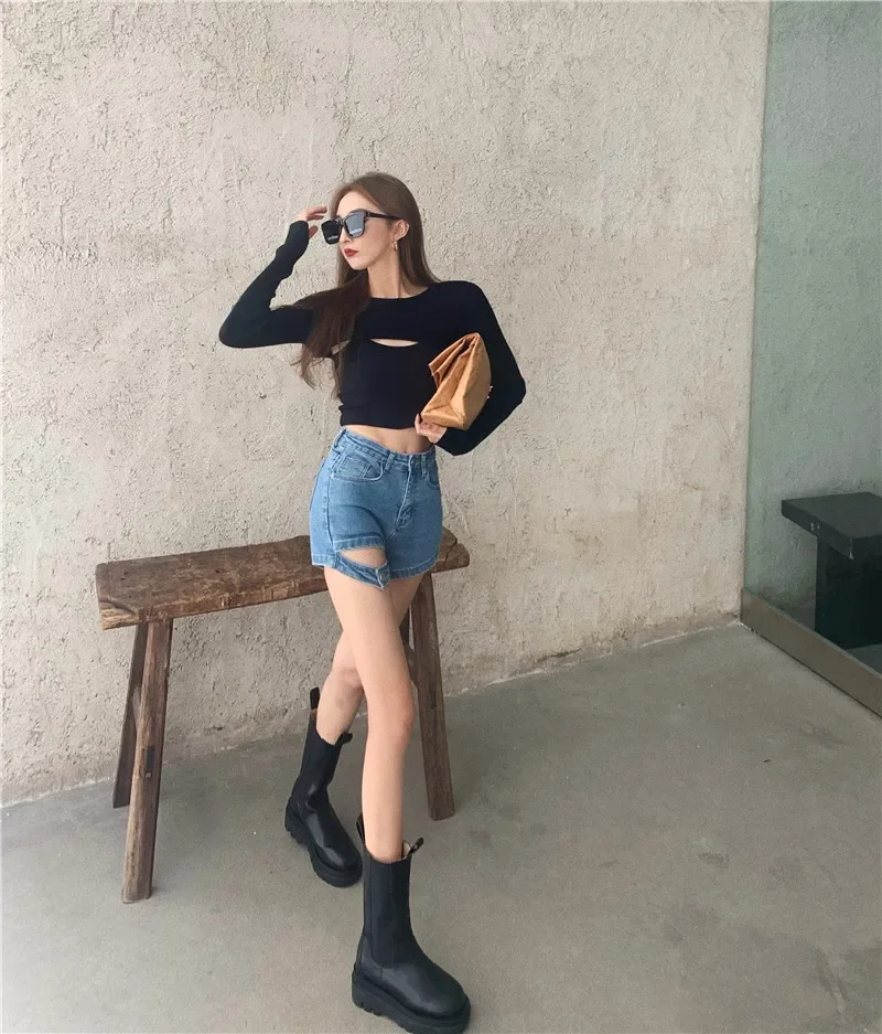2023 Summer Women's Sexy High Waist Blue Denim Shorts Solid Short Jeans Indie Casual Streetwear Elastic Black Shorts High Street