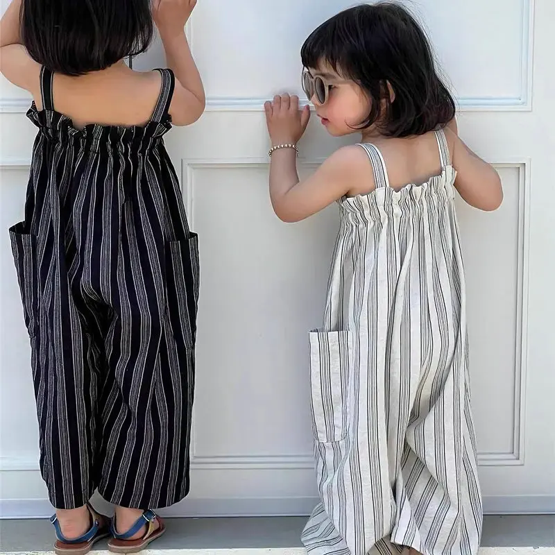 

Girls' Pants With Vertical Stripes And Double Pockets New Fashion Casual Shoulder Pants For Summer Loose Baby Kids Jumpsuit