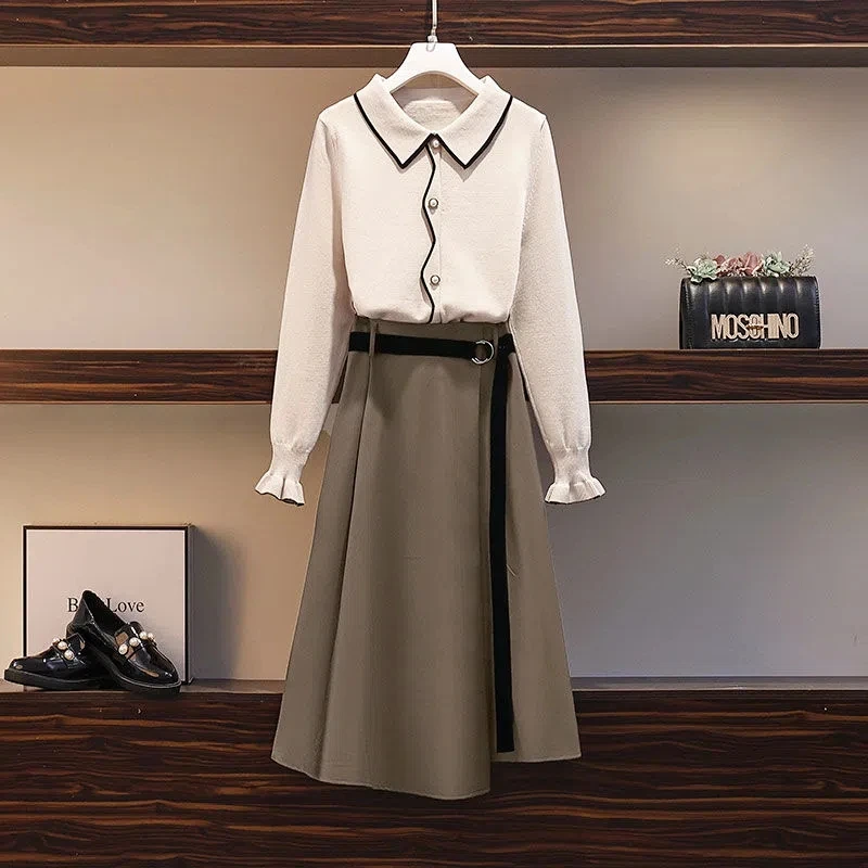 Fashion two suits women 2022 spring autumn new Korean large size slim knit high-waisted skirt trend commuter temperament women