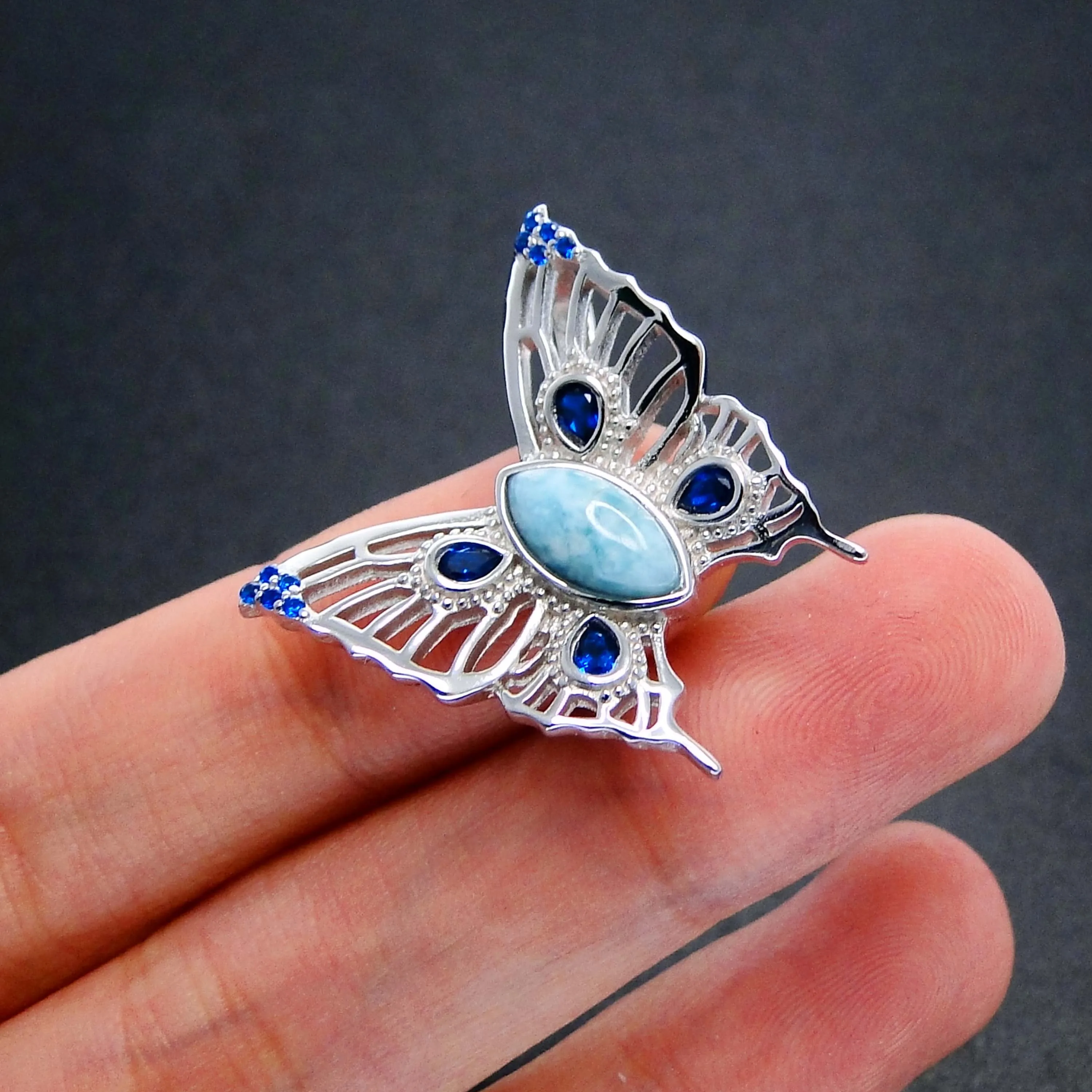 

Hawaiian Animal Style Jewelry 925 Sterling Silver Natural Blue Larimar Butterfly Pendant Necklace