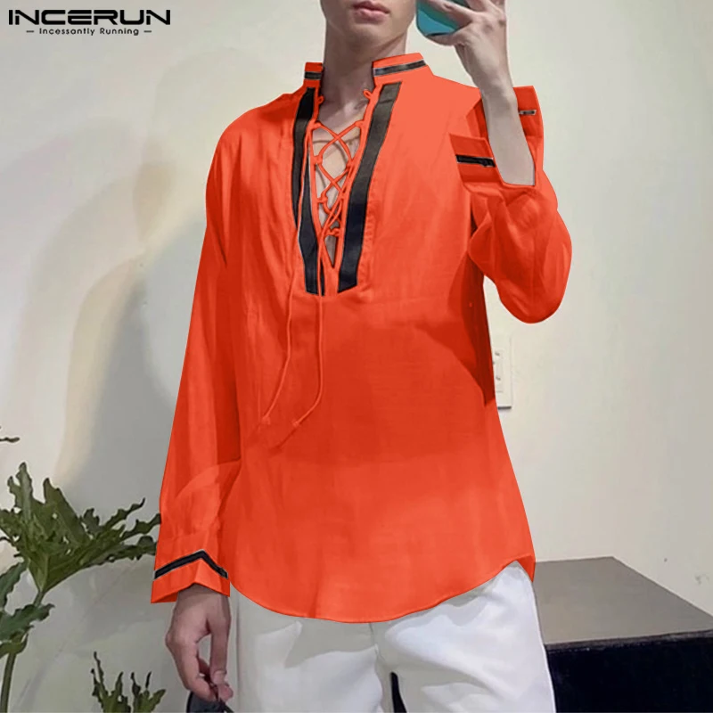 

2024 Men Shirt Patchwork Stand Collar Long Sleeve Lace Up Loose Men Clothing Streetwear Fashion Casual Male Shirts S-5XL INCERUN