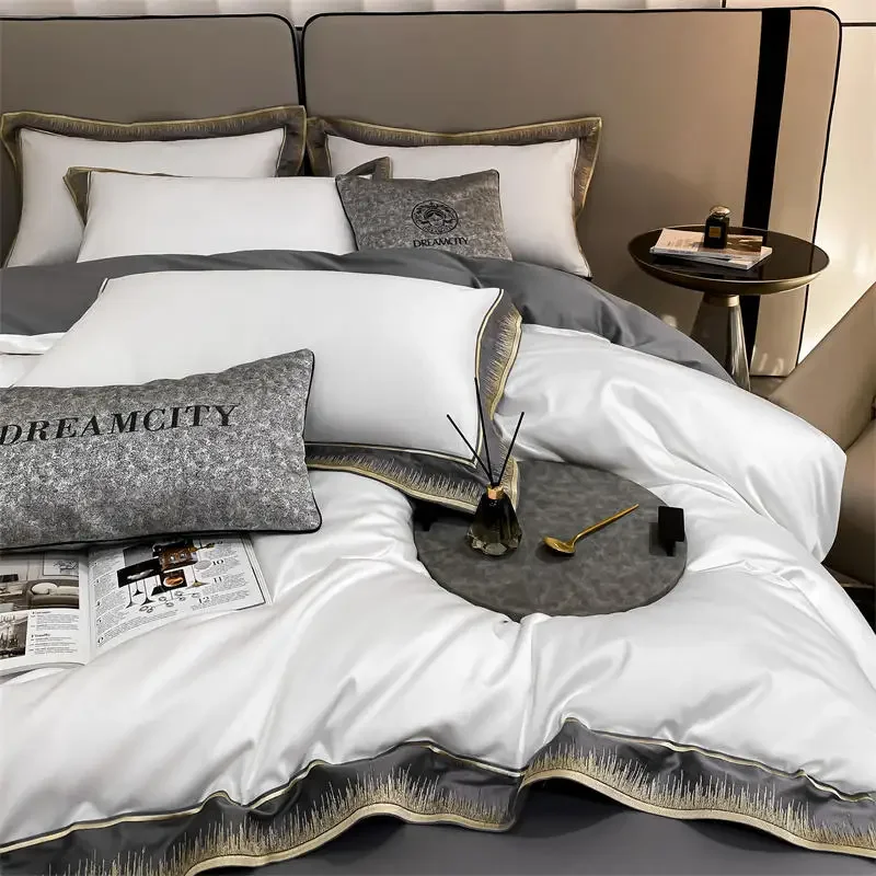 

Luxury 100S Egyptian Cotton Embroidery Silky Star Hotel BeddingSet Duvet Cover Set Bed Sheet fitted pillowcas Double Comforter