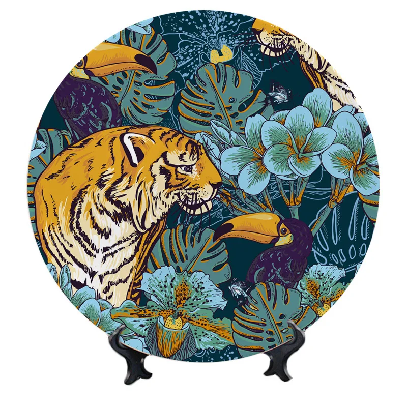 

American Wildlife Plate Pop Art Animal Printed Tiger Leopard Tray Living Room Wall Decorative Hanging Dish Entrance Ornament