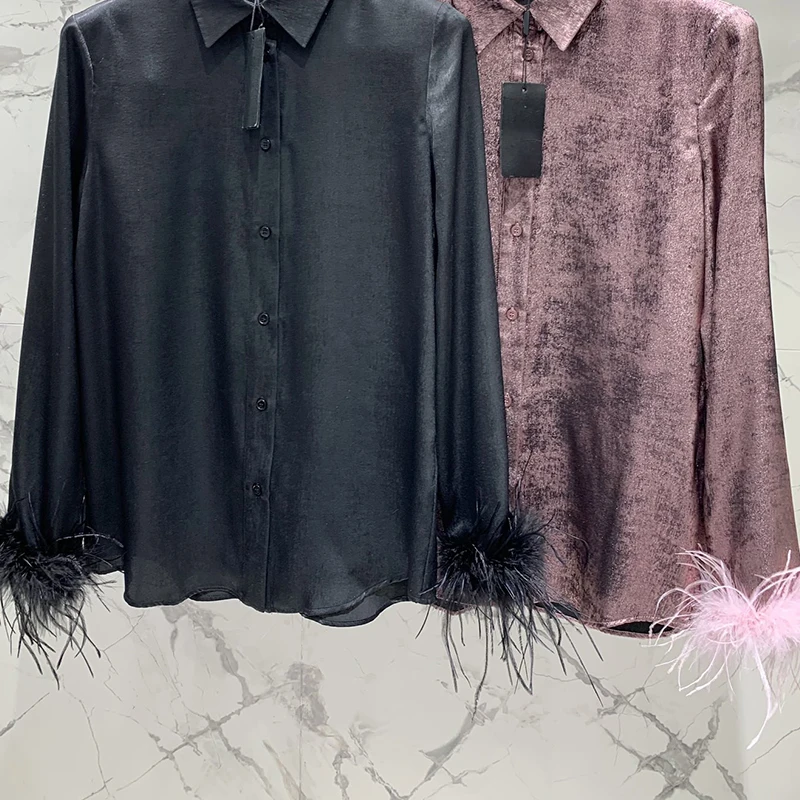 

Women High Quality Leisure Ostrich Hair Shirts Chic Office Single Breasted Lapel Loose Blouse 2 Colors Runway New Y2K Clothing