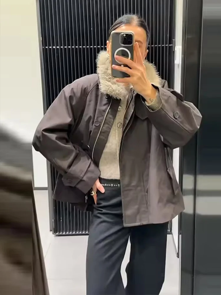 Women Waterproof Jacket 2025 New Autumn Winter Fashion Faux Fur Collar Long Sleeve Coat Female High Street Casual Outerwear