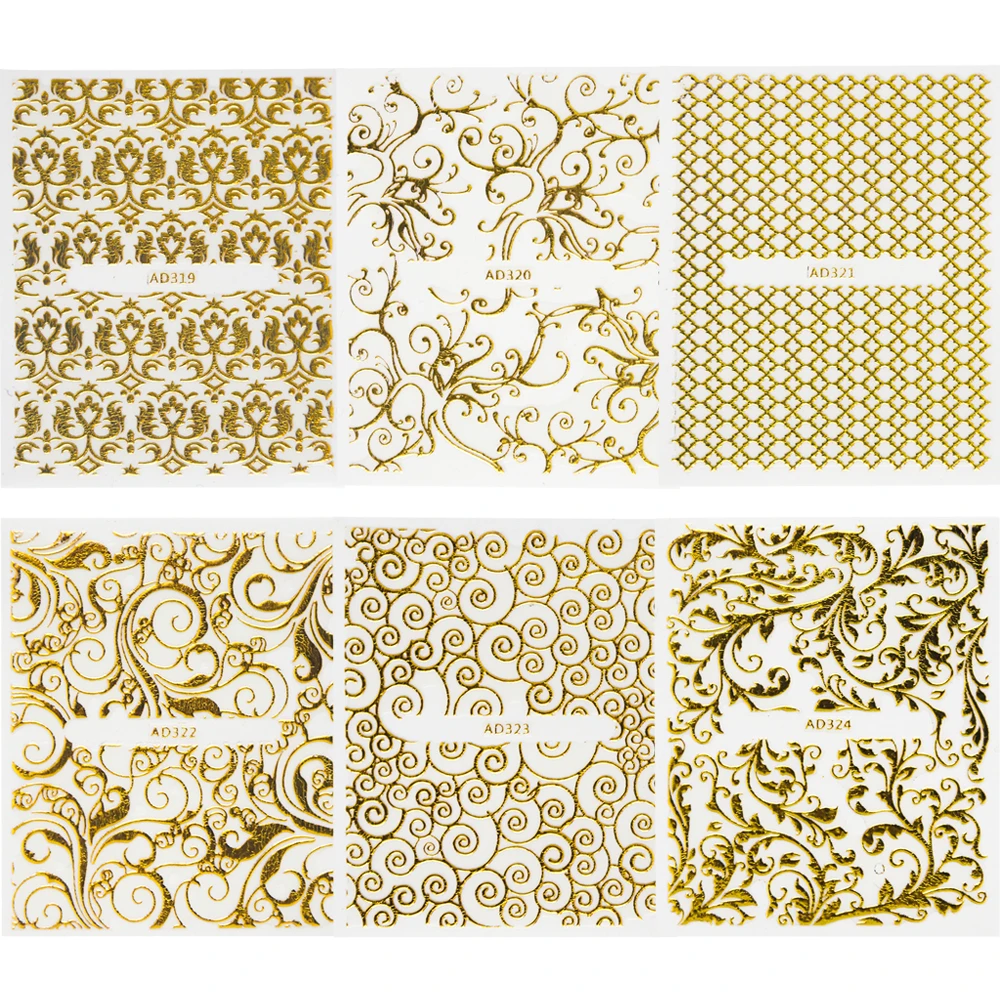 Nail Stickers 20Sheets Gold 3d Nail Art Stickers Hollow Decals Mixed Designs Adhesive Flower Nail Tips Decorations Salon Accessory LAAD301-326