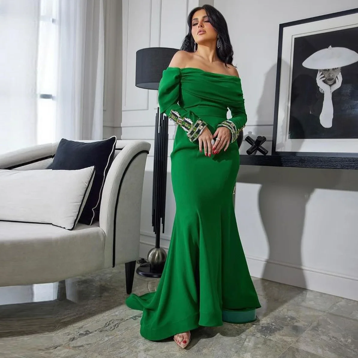 

Blueribbon Green Mermaid Dresses Women Wear Evening Party Ruched Bateau Neck Beaded Long Sleeves Prom Dress Vestidos De Noches