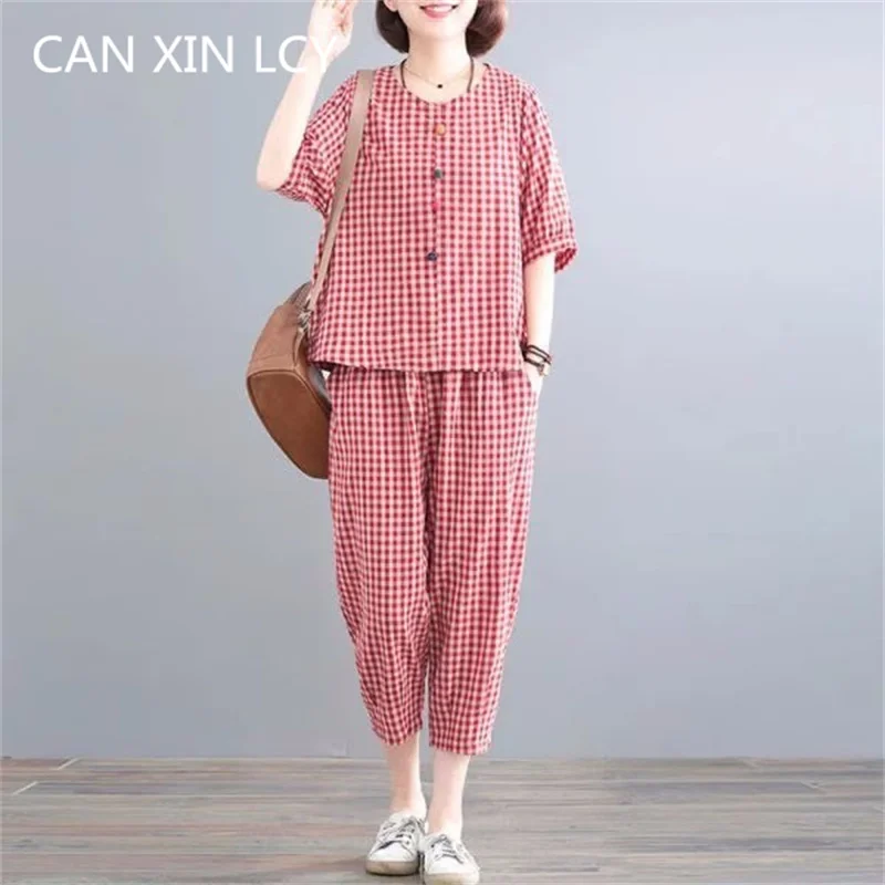 

Middle-aged Women's Two-piece Set 2023 Summer Wear large Vintage Top Casual Cropped Pants Plaid Suit For Women Pants Set 4XL