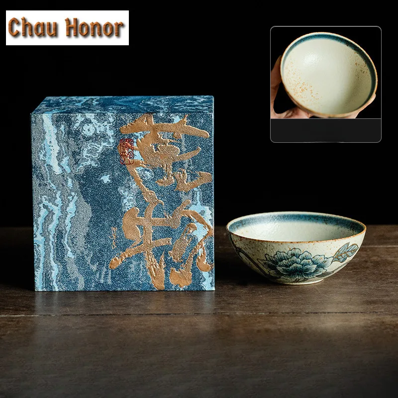 100ml Blue And White Flint Red Ceramic Teacup Handmade Gold Drawing Peony Host Cup Personal Puer Tea Bowl Chazhan Drinkware Gift