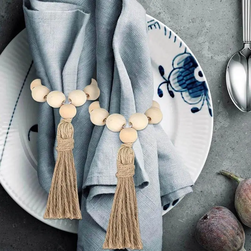 Wood Bead Napkin Rings Napkin Holders With Tassels Hand-Woven Boho Buckles For Christmas Farmhouse Wedding Home Table Decoration christmas napkin holder napkin ring