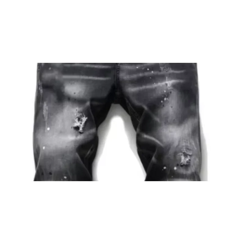 European and American tattered and repainted men's slim fit ripped patch fabric elastic jeans tight beggar pants 5