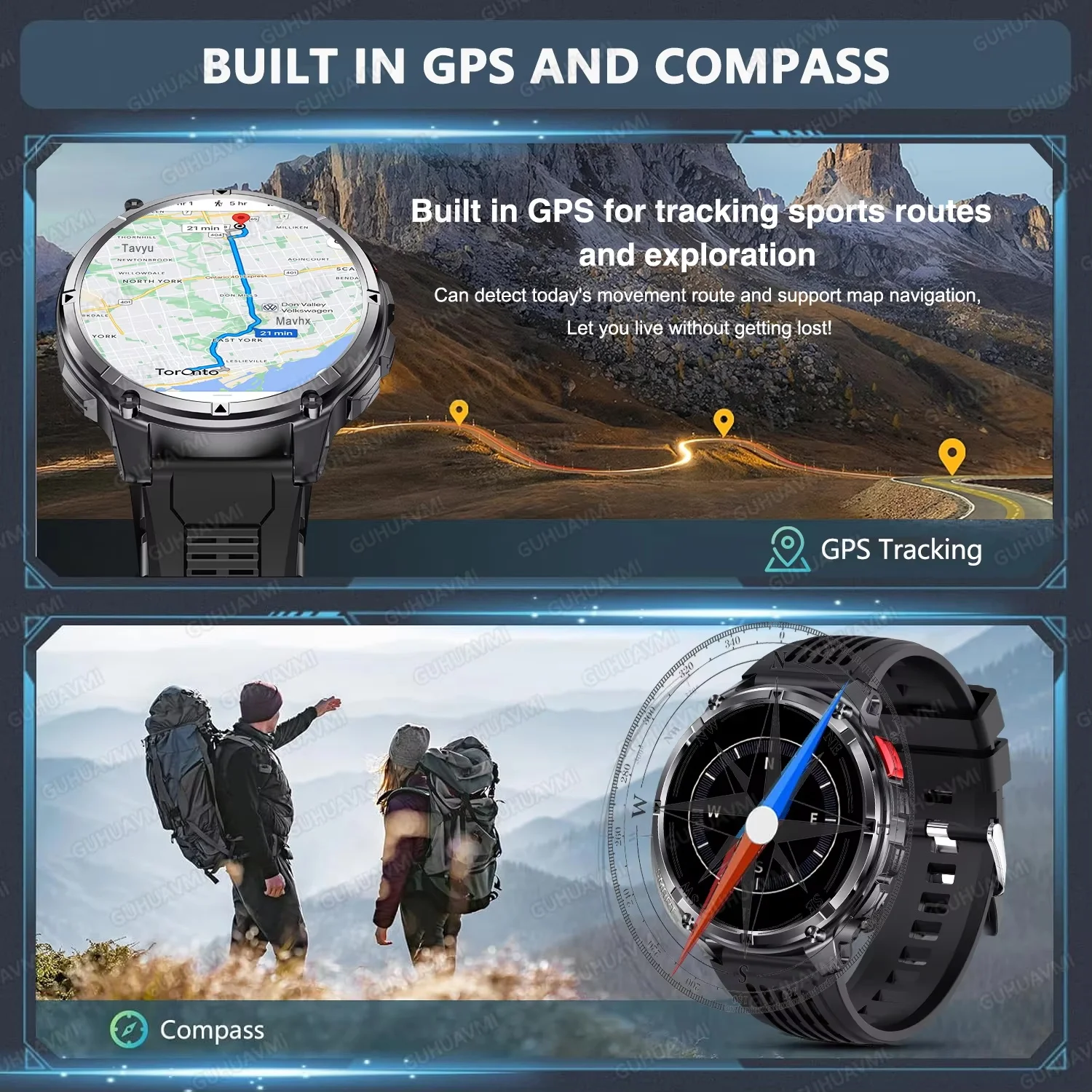 2026년형 군용 1100mAh 배터리 120일 대기 스마트워치 GPS 10ATM 방수 다이빙 시계 1.7인치 성인용 러기드 스포츠 시계