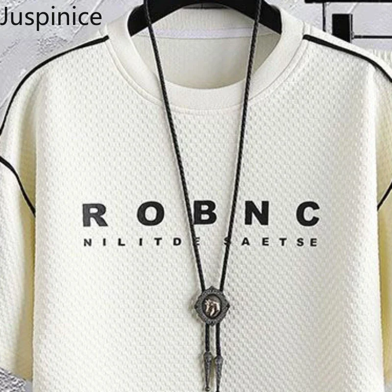 Summer Ice Silk Short-sleeved T-shirt Five-quarter Pants Suit Men's Loose Thin Casual Top Shorts Sports Set Male Clothes 6