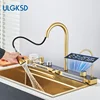 Brushed Gold 304 Stainless Steel Waterfall Style Modern Kitchen Large Single Slot Button Integrated Digital Display Faucet Set 1